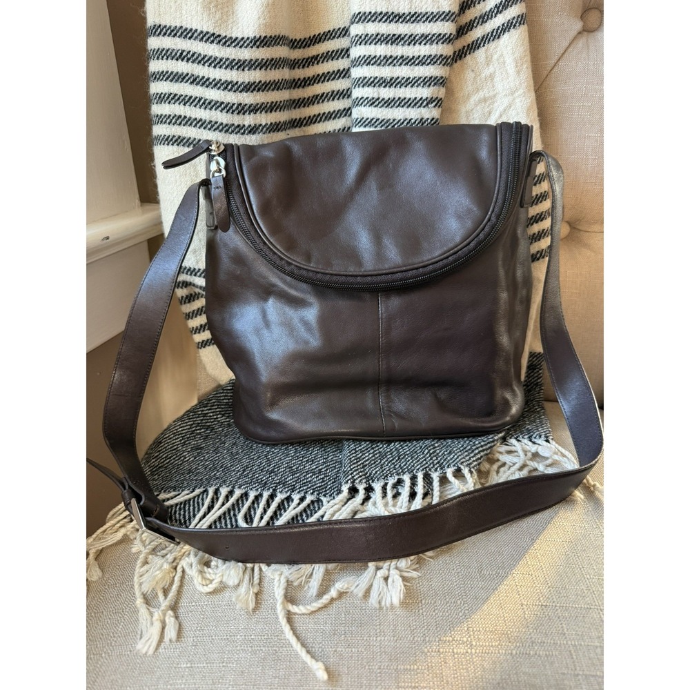 MAXX New York Dark Brown Leather Crossbody Bag Organizer Plaid‎ Lining Messenger